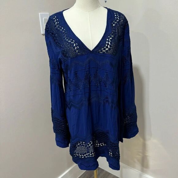 La Blanca Blue Embroidered Tunic Dress Beach Coverup,‎ Long Sleeve Large - Picture 1 of 5